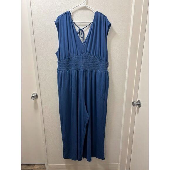 Old Navy Romper Women's Size XXL Blue NWT Wide Leg Jersey Travel V Neck Tie Back - Picture 3 of 7
